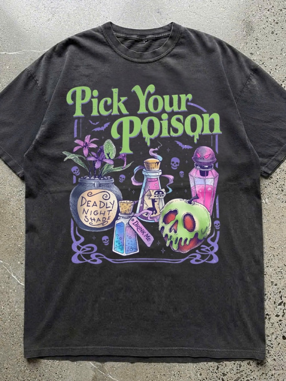 Comfort Pick Your Poison Deadly Nightshade Potion Bottles Skull Halloween Tee